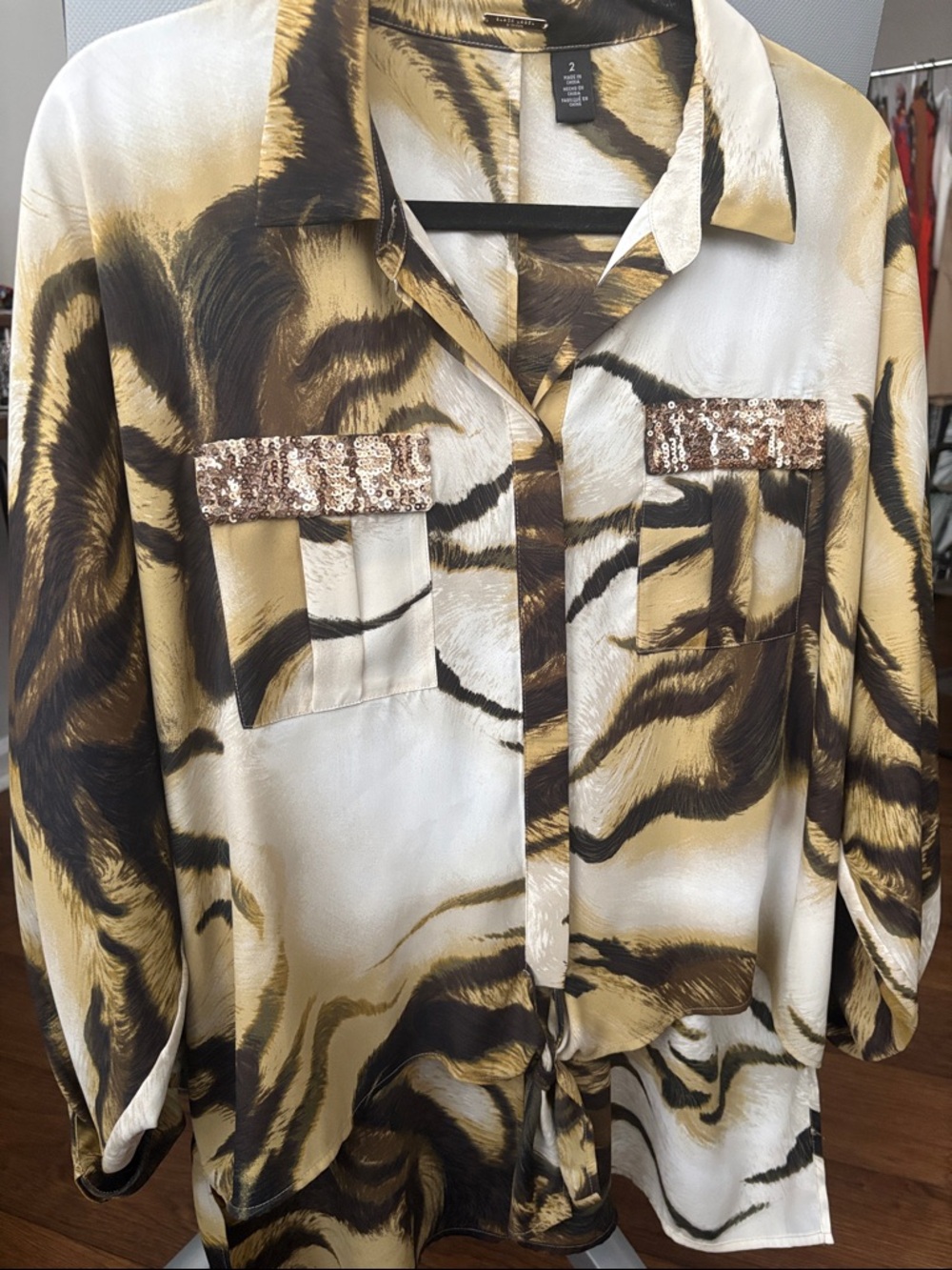 Chico's Gold, Brown & Black Sequin-Pocket Animal Print Blouse size 2